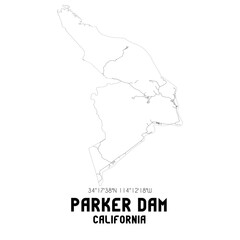 Parker Dam California. US street map with black and white lines.