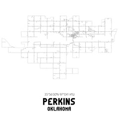 Perkins Oklahoma. US street map with black and white lines.