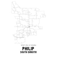 Philip South Dakota. US street map with black and white lines.