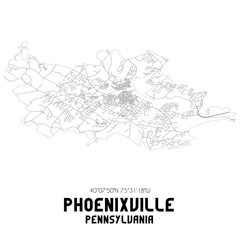Phoenixville Pennsylvania. US street map with black and white lines.