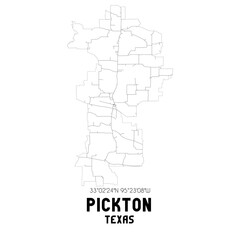 Pickton Texas. US street map with black and white lines.