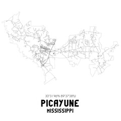 Fototapeta na wymiar Picayune Mississippi. US street map with black and white lines.