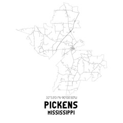 Pickens Mississippi. US street map with black and white lines.