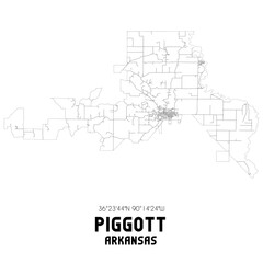 Piggott Arkansas. US street map with black and white lines.
