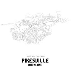 Pikesville Maryland. US street map with black and white lines.