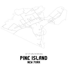 Pine Island New York. US street map with black and white lines.