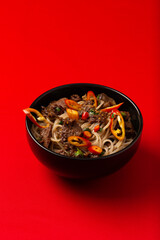 bowl of noodles with beef and vegetables on a red background