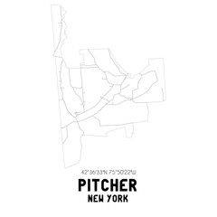 Pitcher New York. US street map with black and white lines.