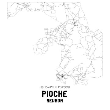 Pioche Nevada. US street map with black and white lines.