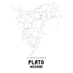 Plato Missouri. US street map with black and white lines.