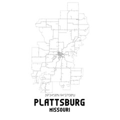 Plattsburg Missouri. US street map with black and white lines.