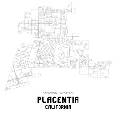 Fototapeta na wymiar Placentia California. US street map with black and white lines.