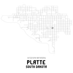 Platte South Dakota. US street map with black and white lines.