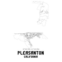 Pleasanton California. US street map with black and white lines.