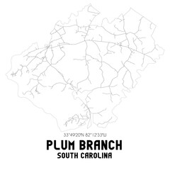 Plum Branch South Carolina. US street map with black and white lines.