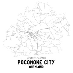 Pocomoke City Maryland. US street map with black and white lines.
