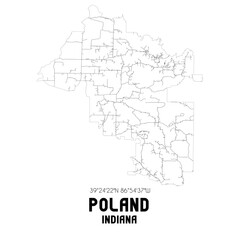 Poland Indiana. US street map with black and white lines.