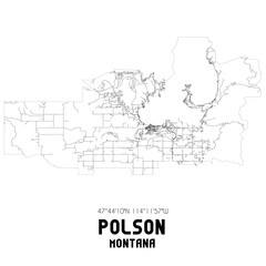 Polson Montana. US street map with black and white lines.