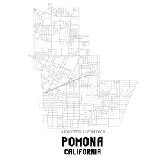 Pomona California. US street map with black and white lines.