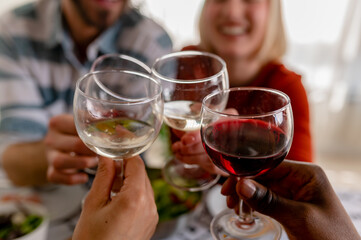 Young cheerful diverse people having lunch together at home. Toasting with Wine. Group of happy friends toasting while eating at the dining table.