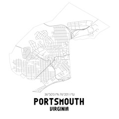 Portsmouth Virginia. US street map with black and white lines.