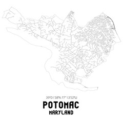 Potomac Maryland. US street map with black and white lines.