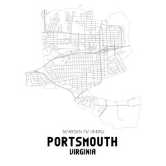 Portsmouth Virginia. US street map with black and white lines.