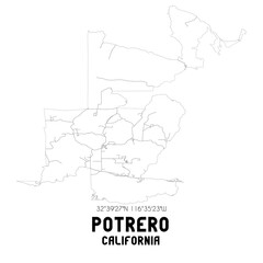 Potrero California. US street map with black and white lines.