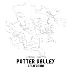 Potter Valley California. US street map with black and white lines.