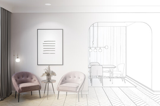 A sketch becomes a room with a vertical poster, a vase with flowers on coffee tables near two pink chairs, a floor lamp near curtains, an arch to the dining room with a table near the window.3d render