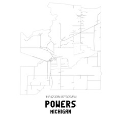 Powers Michigan. US street map with black and white lines.