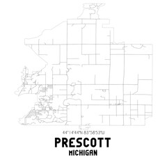 Prescott Michigan. US street map with black and white lines.