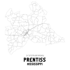 Prentiss Mississippi. US street map with black and white lines.