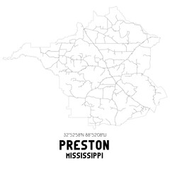 Fototapeta na wymiar Preston Mississippi. US street map with black and white lines.