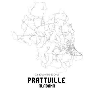 Prattville Alabama. US street map with black and white lines.