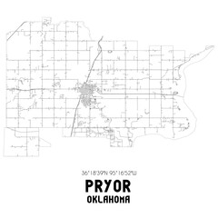Pryor Oklahoma. US street map with black and white lines.