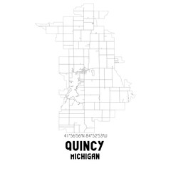 Quincy Michigan. US street map with black and white lines.