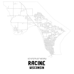 Racine Wisconsin. US street map with black and white lines.