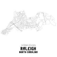 Raleigh North Carolina. US street map with black and white lines.