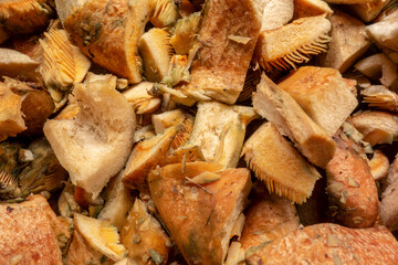 Tasty edible mushroom Lactarius deliciosus sliced for loading and preparing soup