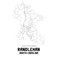 Randleman North Carolina. US street map with black and white lines.