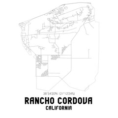 Rancho Cordova California. US street map with black and white lines.