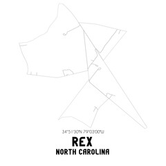 Rex North Carolina. US street map with black and white lines.
