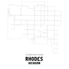 Rhodes Michigan. US street map with black and white lines.