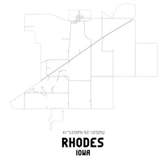 Rhodes Iowa. US street map with black and white lines.