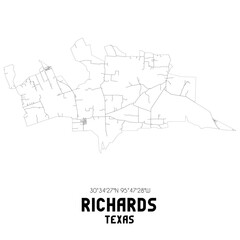 Richards Texas. US street map with black and white lines.