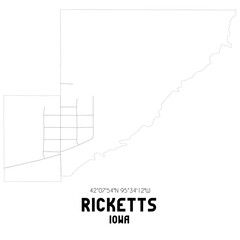 Ricketts Iowa. US street map with black and white lines.