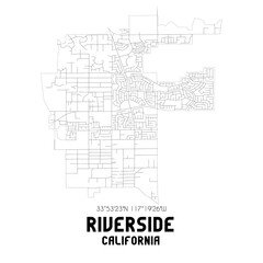 Riverside California. US street map with black and white lines.