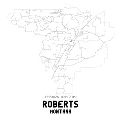 Roberts Montana. US street map with black and white lines.