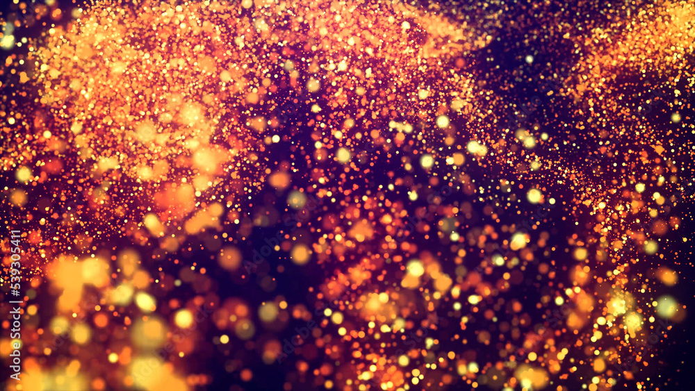 Aufkleber abstract bg, golden magic glitters fly in air form beautiful swirls. fiery sparkles float in viscous